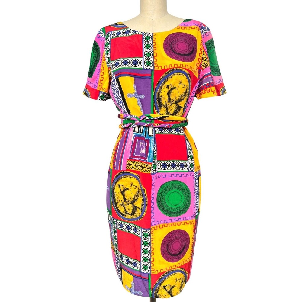 VTG Albert Nipon Boutique 100% Silk Shift Dress 2pc Euro Greek Print Resort 4 S